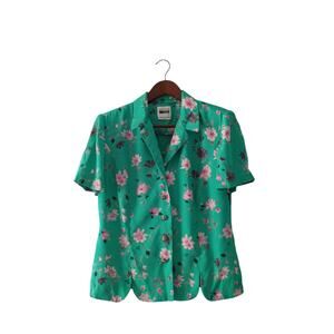 Vintage Leslie Fay Scalloped Blouse Aqua Size 12P Unique Style Boho Art to Wear